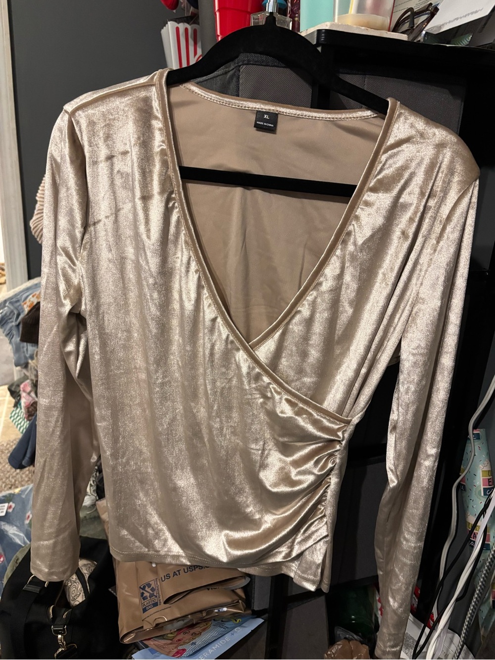 Wrap-Style Long Sleeve Top in Champagne - XL